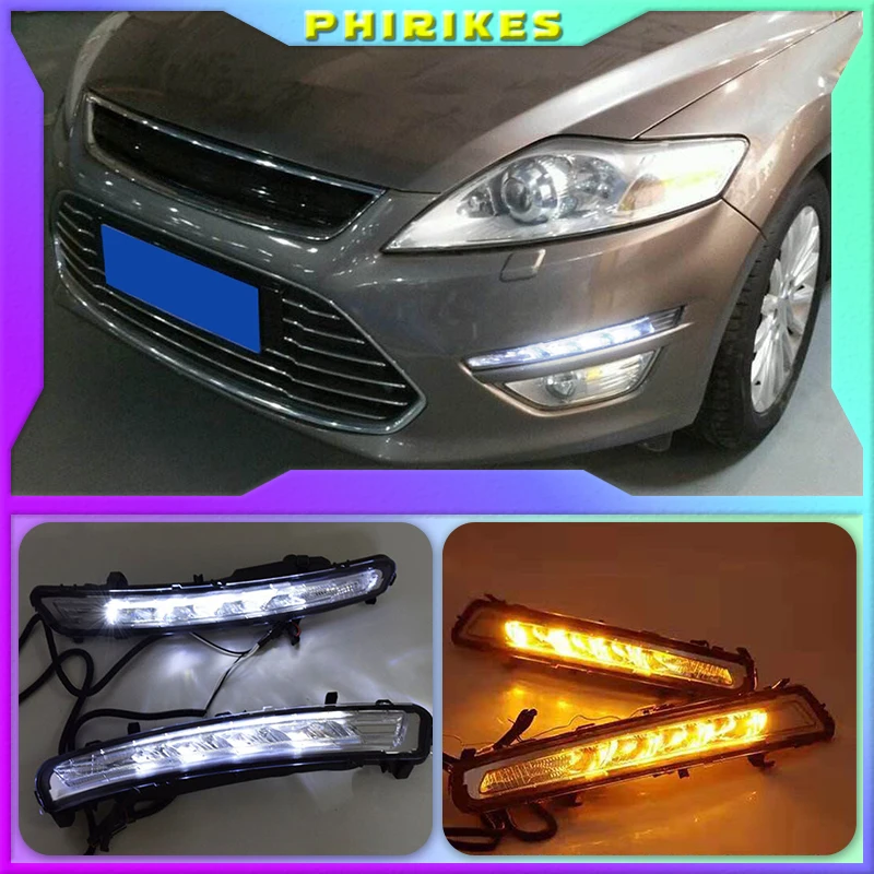 Автомобильные светодиодные дневные ходовые огни для FordMondeo Fusion 2011 2012 2013, дневные ходовые огни, светодиодные дневные Противотуманные фары желтого цвета, 1 пара