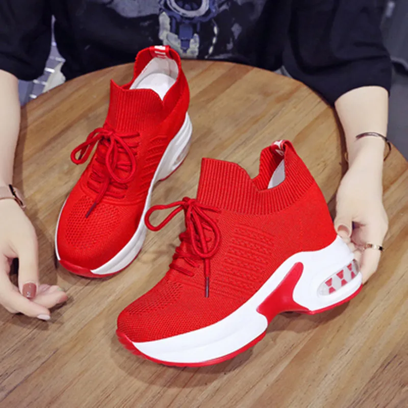 

Кроссовки женские на танкетке, Повседневная дышащая обувь, вязаные, на платформе, белые, на весну