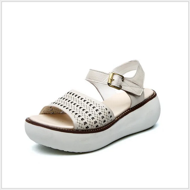 2020 New Retro Summer Women Sandals Handmade Genuine Leather Single Shoe Casual High Heel Wedges Platform Sandals