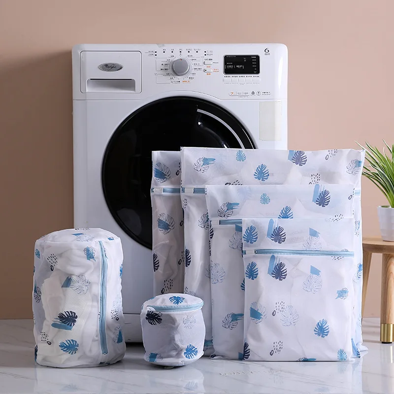 

6 Pcs/set Polyester Mesh Laundry Bags Blue Leaves Pineapple Cactus Printing Washing Bag for Dirty Clothes Collapsible Mesh