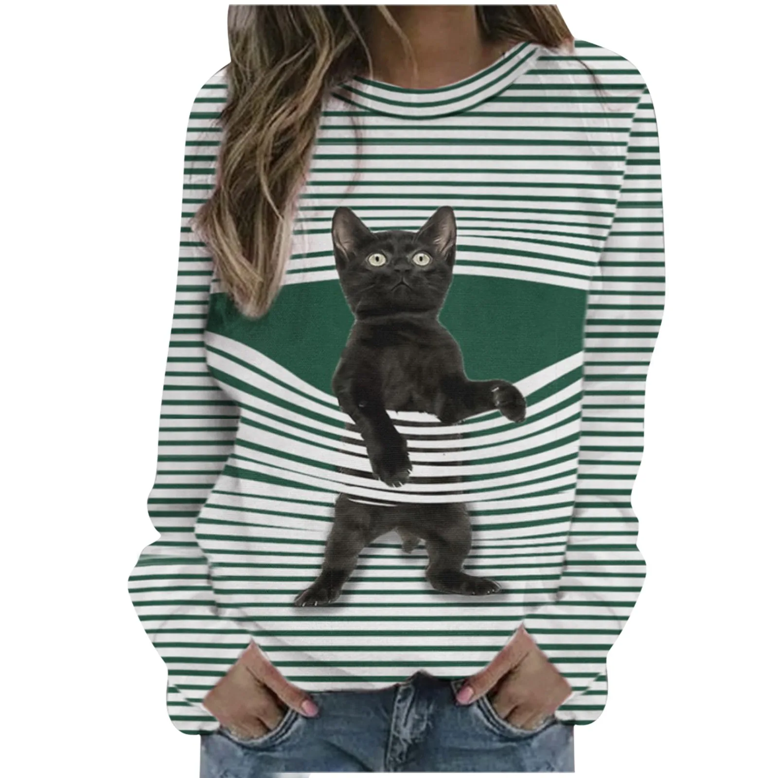 Womens Casual Crewneck Cartoon Cat Striped Loose Soft Long Sleeve Pullover Tops Las Mujeres Sweetshirts Спортивный Костюм Женск
