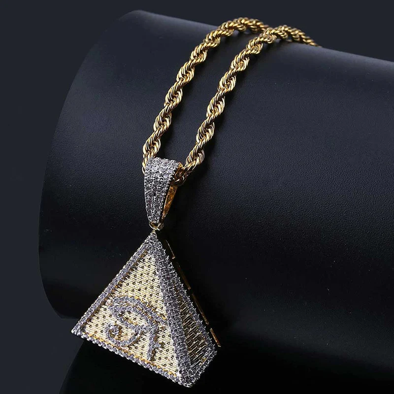 

Мужское ожерелье в стиле хип-хоп с микро-выложенным фианитом класса ААА +, сверкающие подвески в виде пирамиды из золота с орнаментом