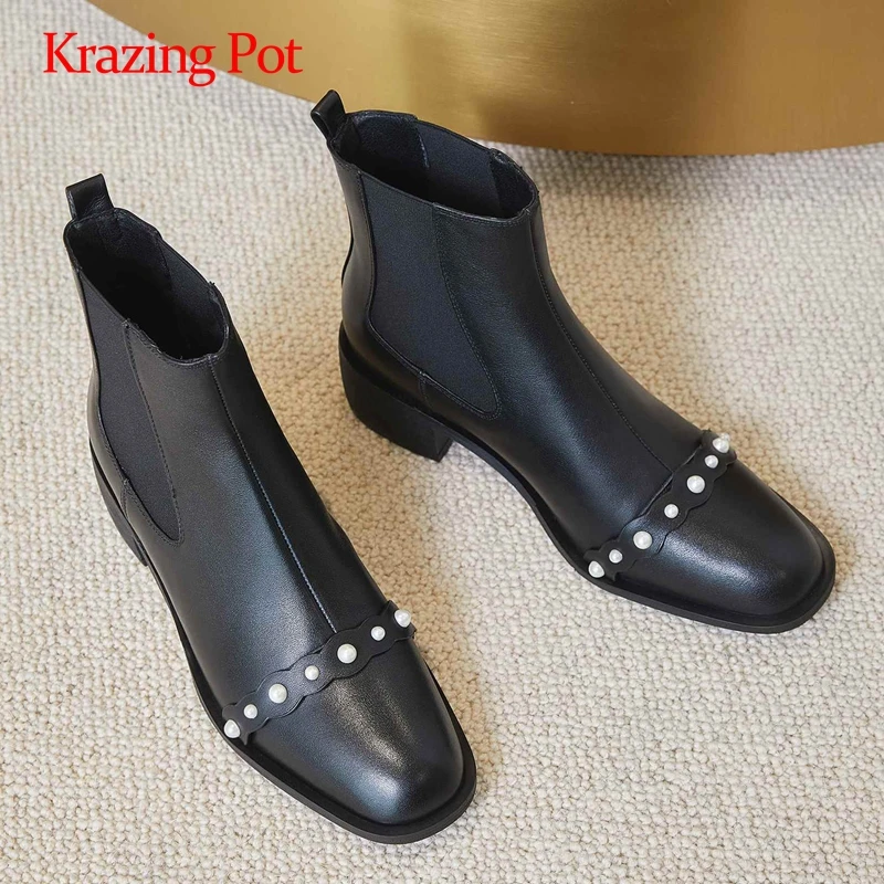 

Krazing pot concise style natural leather pearl decorations stretch square toe thick med heel slip on young lady ankle boots L24