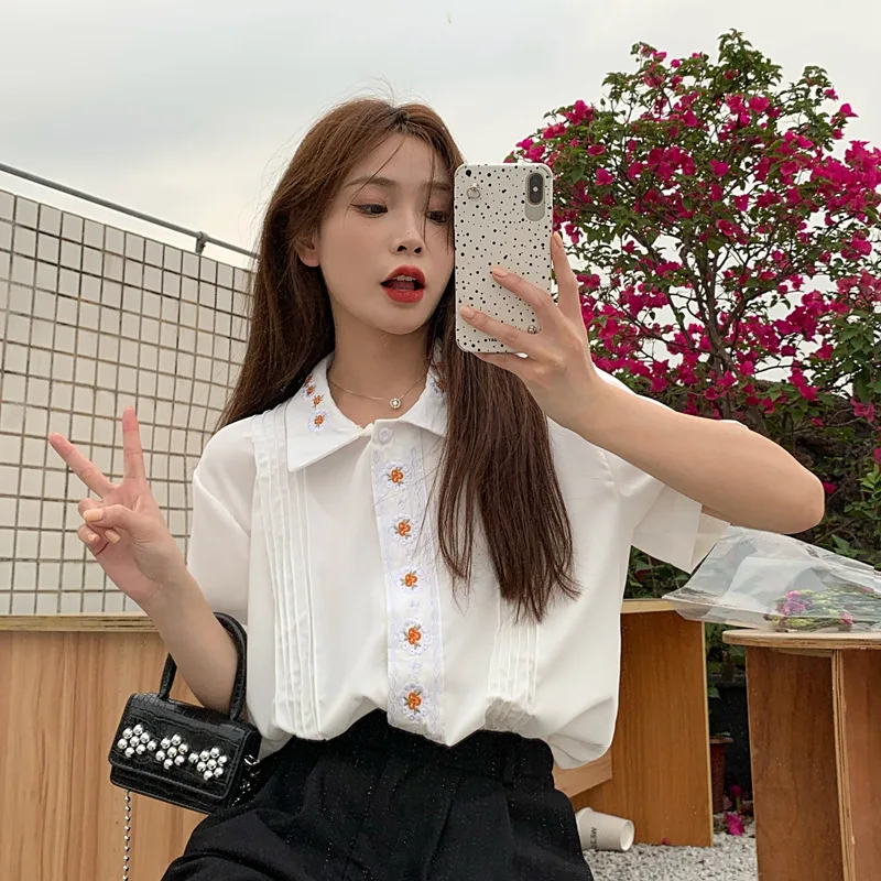 

Houthion Chiffon Loose Women's Blouses New Casual Blouse Buttons Solid Color Polo Shirt Summer Fashion Short Sleeve Top