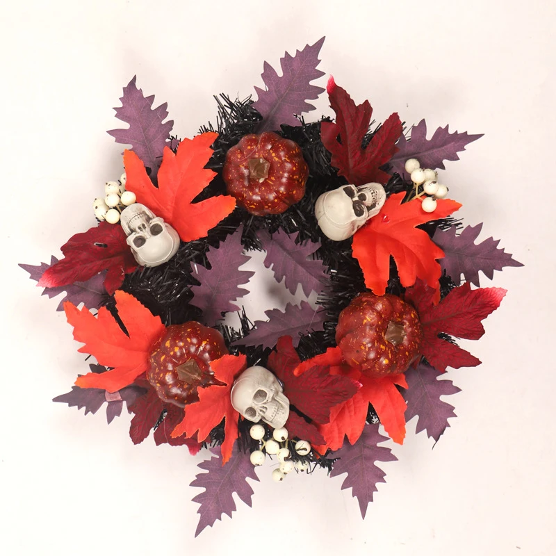 

Halloween Wreaths With Lights Skull Pumpkin Wreath Maple Leaf Door Hanging Halloween Decor