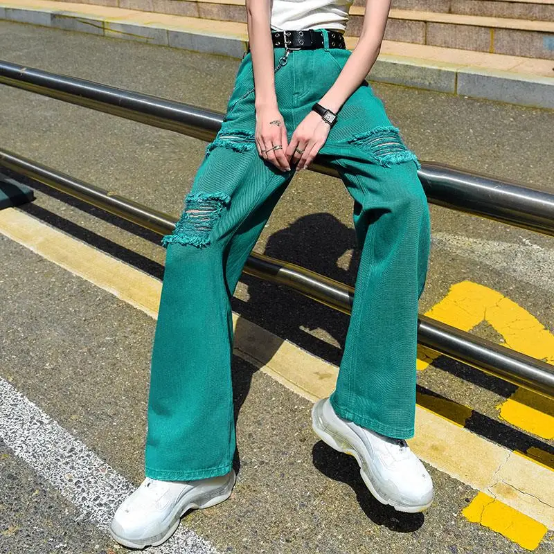 

Women Autumn Long Denim Pants 2021 New High Waist Straight Loose Wide Leg Jeans Casual Full Length Hole Trousers