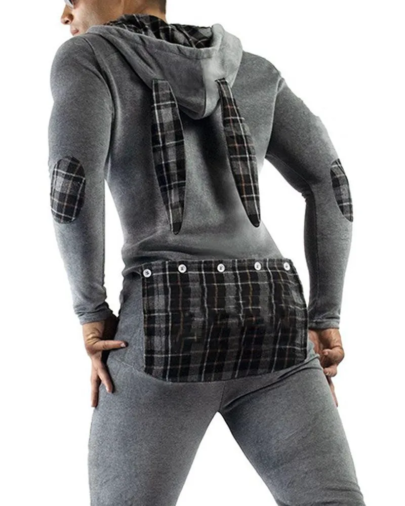

Ear Hooded Pajama Jumpsuits Men Open Back Butt Loungewear One Piece 2021 Plaid Button Up V-neck Home Sleepwear Underwear Rompers