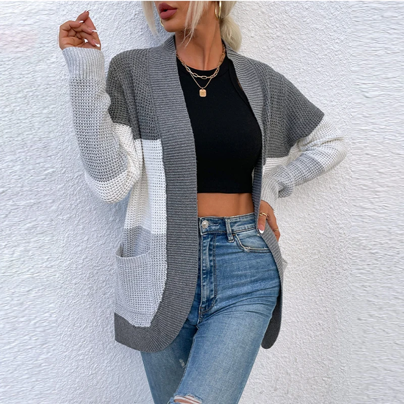 

Women Sweater Casual Loose Long-sleeved Cardigan Coat Fashion Sexy Sweater With Big Pocket 2021 Autumn Stitching Warm Sweater