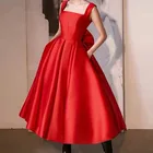 Элегантное Атласное красное вечернее платье-трапеция с квадратным вырезом 2022, вечернее платье с бантом и открытой спиной, вечерние наряды без рукавов, бальное платье для вечеринки