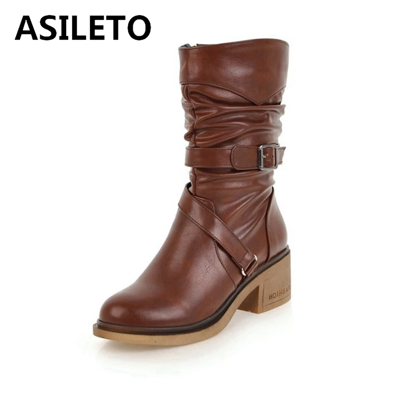 ASILETO 2021 женские сапоги до середины икры на молнии с пряжкой плиссированные
