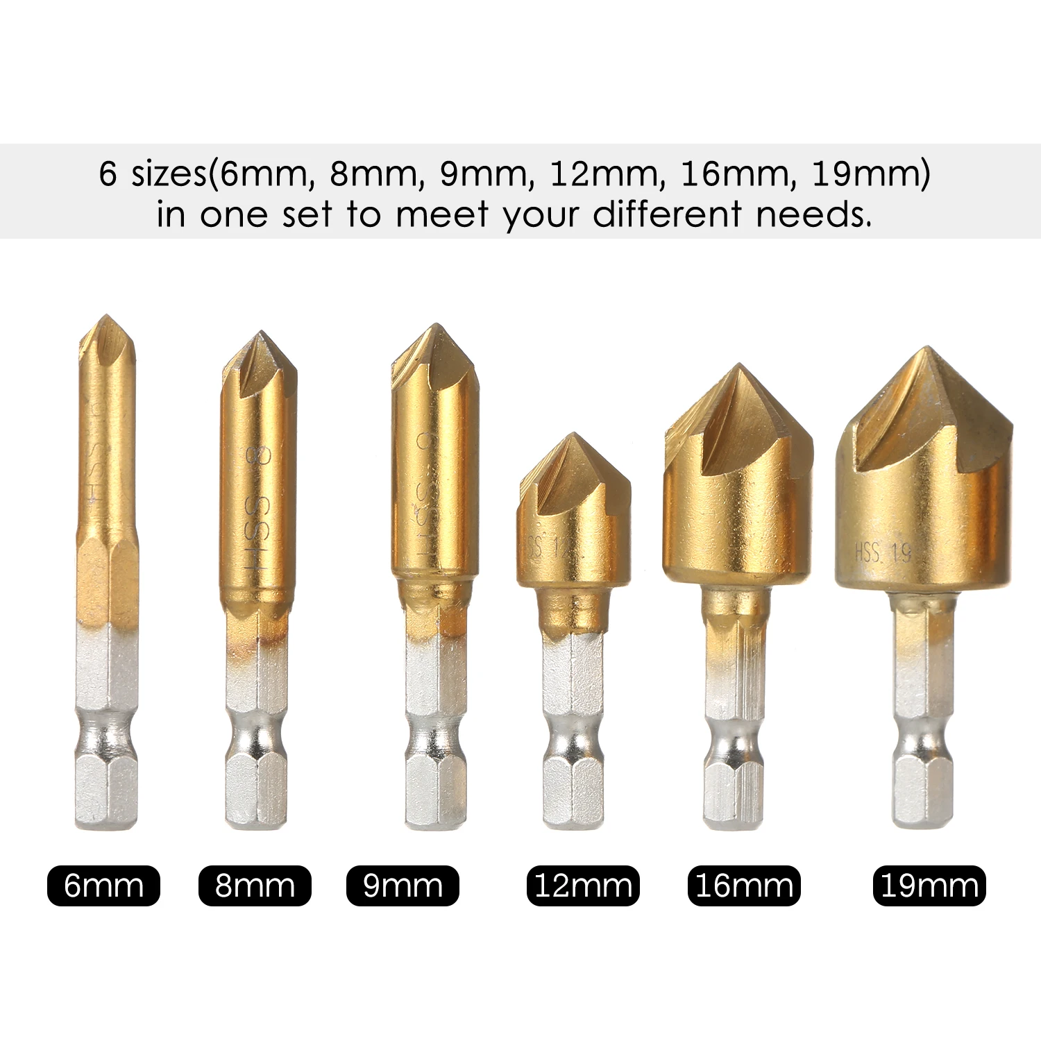 

KKmoon 6pcs Chamfer 90 Degrees Five Blade High Carbon Steel 1/4-inch Hexagonal Shank Five Edge Chamfer Countersink Set 6mm -19mm