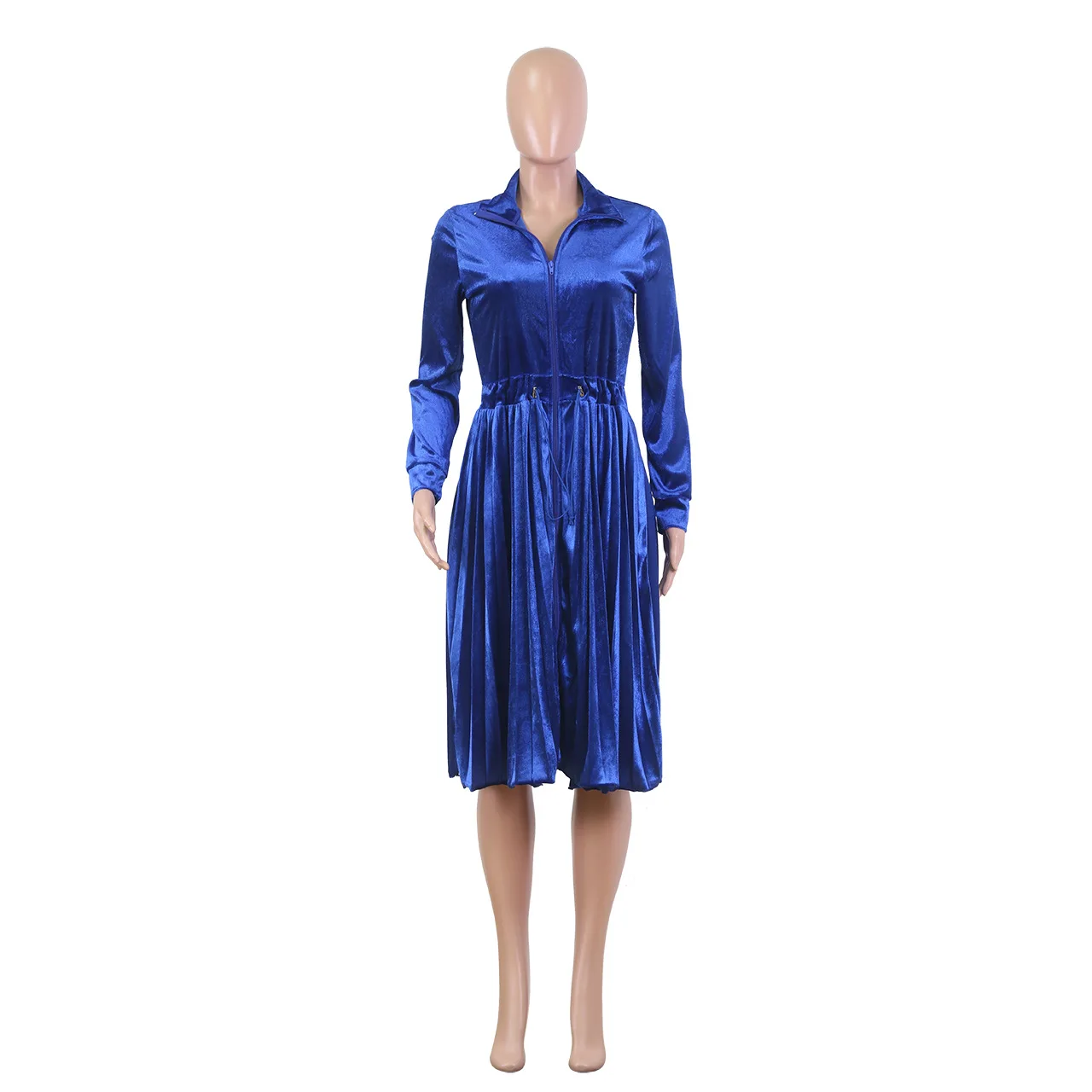 

Black High Waist Pleated Dress A-line Turn-down Collar Long Sleeve Slim Zipper Ofiice Lady Casual Vestidos Women Winter Dress