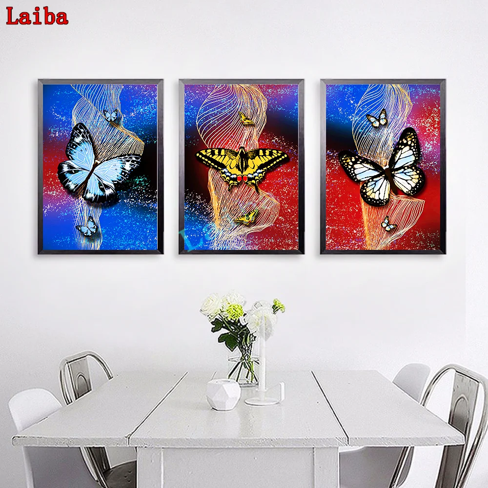 

Алмазная 5d картина ручной работы с бабочками, мозаика из страз, узор, домашнее украшение, квадратный Круглый Алмаз, вышивка крестиком, 3 шт.