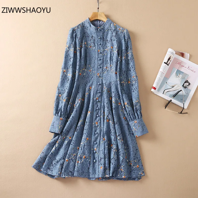 

ZIWWSHAOYU летнее модное женское платье до колена с длинным рукавом с круглым вырезом кружевные с цветочным узором ажурные облегающие элегантны...