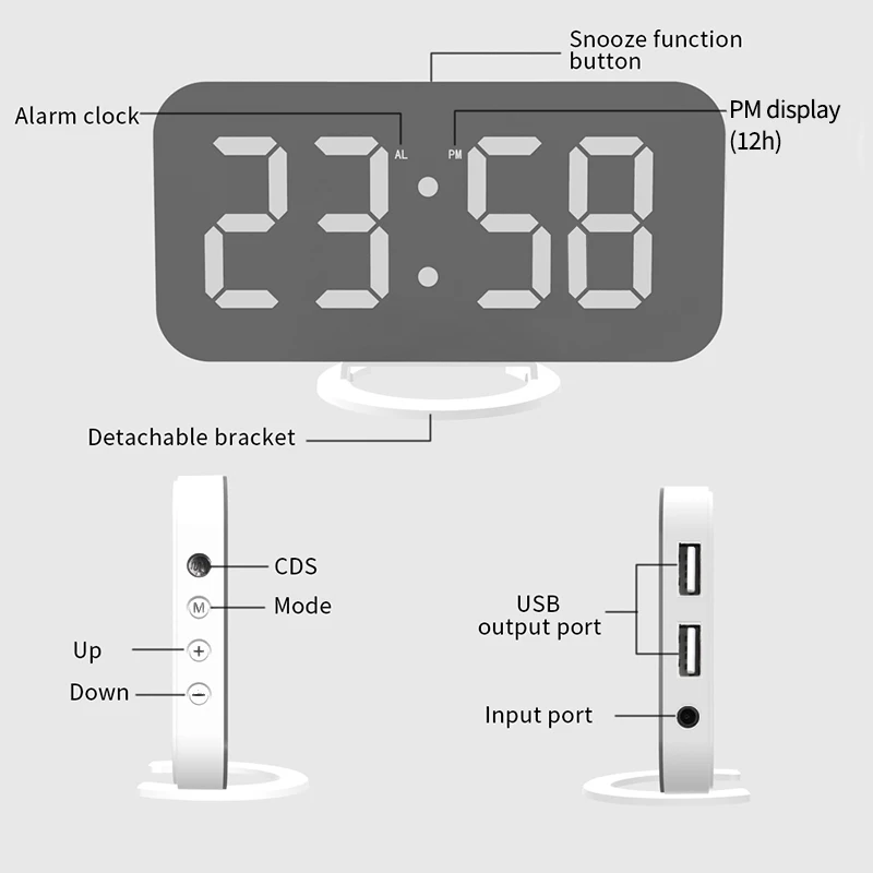Зеркальные будильники Повтор LED цифровые для спальни подсветка Зарядка телефона