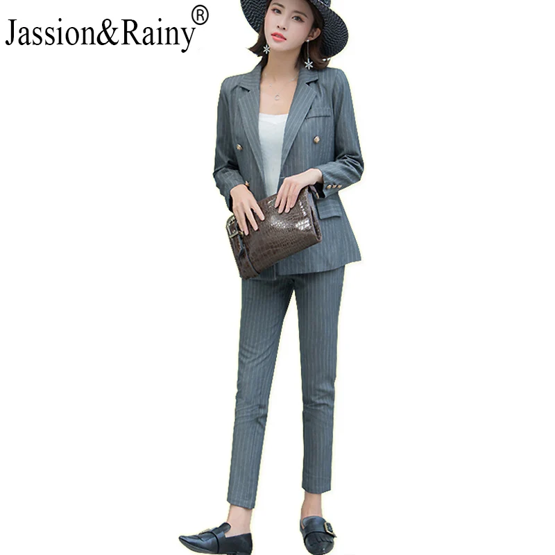 Женский Классический офисный костюм Осенний двубортный в полоску золотого и