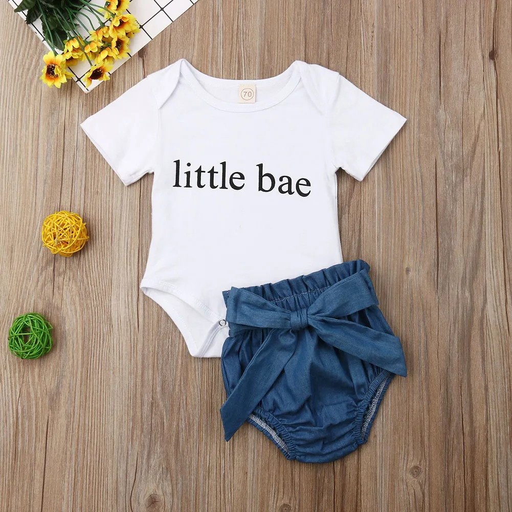 Одежда для новорожденных девочек; боди с короткими рукавами и принтом «Little Bae»; джинсовые шорты; повседневная одежда