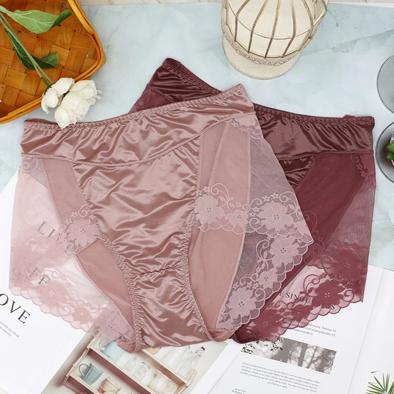 Трусы женские кружевные тонкие атласные с завышенной талией размера плюс хлопок
