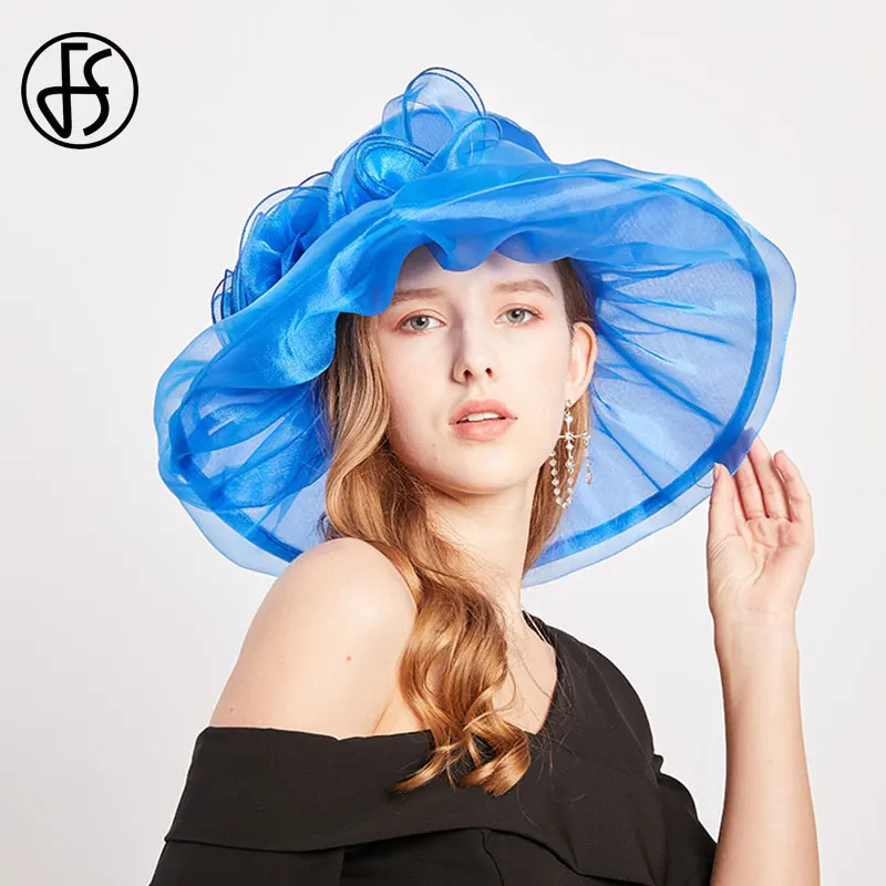 Женская шляпка из органзы FS элегантная фиолетовая с широкими полями и цветами