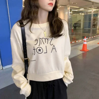 

Женский пуловер с круглым вырезом, короткий шикарный свитер с длинным рукавом, модный тонкий Свободный Топ в Корейском стиле для ранней осе...