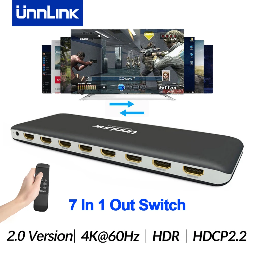 Unnlink HDMI Switch 4K 60Hz Switcher 7X1 5X1 3X1 with Romote IR for Xbox One s/x PS4 Pro LED Smart TV mi box3
