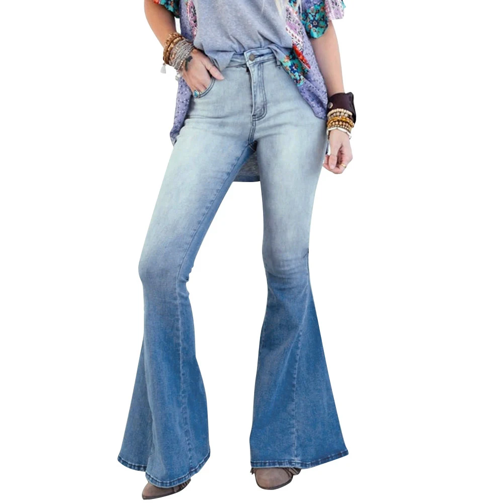 

Women Stretch Flare Long Jeans High Waist Blue Bleached Washed Denim Pants 2021 Fashion Casual Wide Leg Vintage Trousers D30