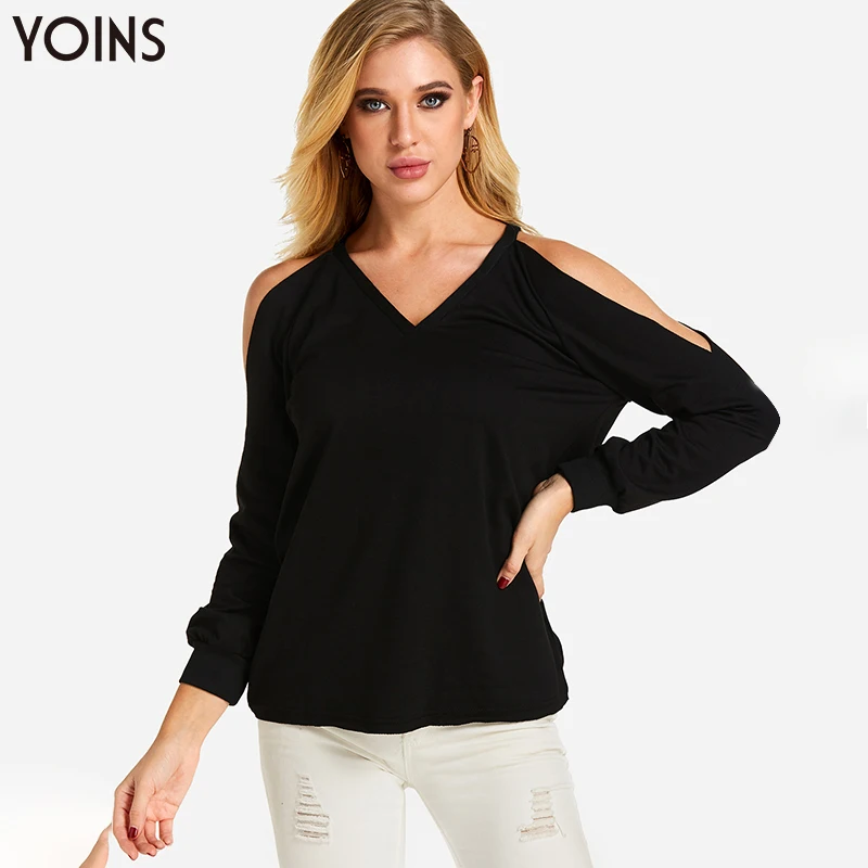 YOINS Сексуальная Блузка с v образным вырезом и открытыми плечами длинным рукавом