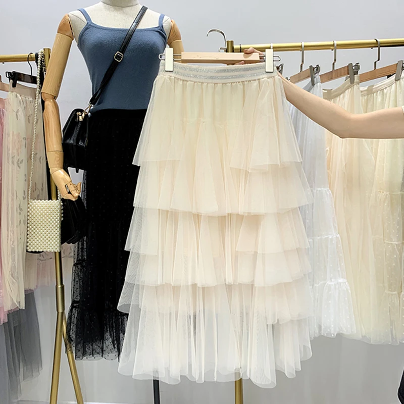 

New Summer Tulle Cake Layered Women Midi Skirt Casual Solid High Waist Medium Long A-line Female Mesh Skirts
