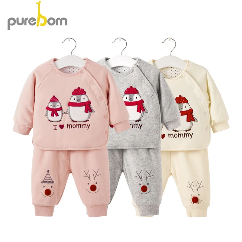 Pureborn/2 предмета; одежда для маленьких девочек; топы с рисунком пингвина и штаны с рождественским оленем; стеганые комплекты одежды для маленьких мальчиков; детская одежда