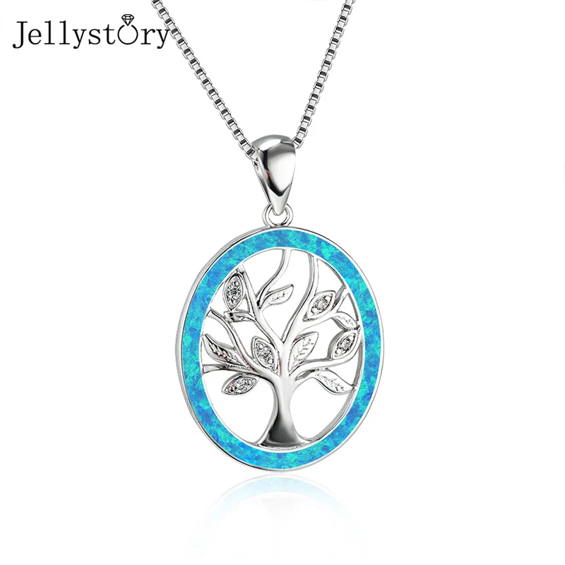 

Jellystory Blue Tree Opal Necklaces For Women Real 925 Sterling Silver Simple Round Pendant Wedding Anniversary Fine Jewelry