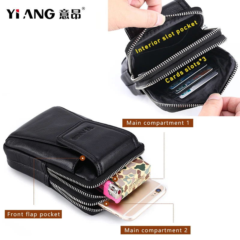 Мужская кожаная поясная сумка на сотовый/мобильный телефон карман для карт и