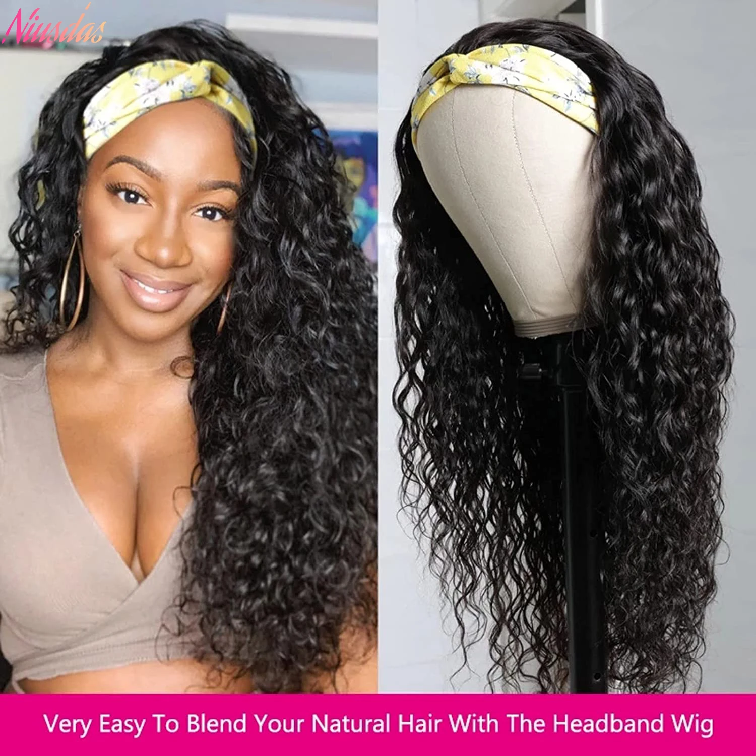 

Headband Wig Human Hair for Black Women Deep Wave Headband Wig Glueless None Lace Brazilian Virgin Hair Natural Black Scarf Wig