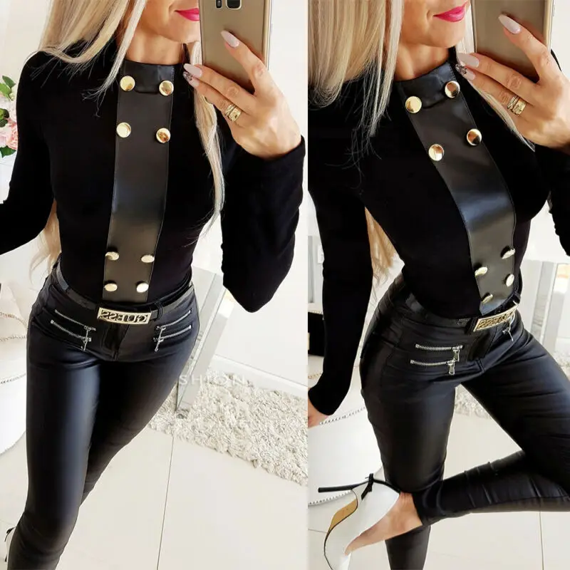 

New Womens Slim Fit Round Neck Tops Long Sleeve Buttons Blouse Fashion Elastic Shirt