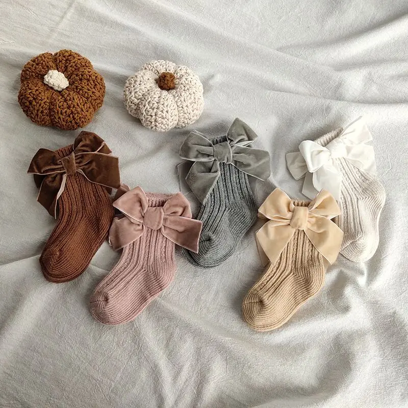 Calcetines tobilleros de algod&oacute;n con lazo grande para ni&ntilde;os, calcetines tobilleros chicas, para el suelo del beb&eacute;, gruesos, c&aacute;lidos, para Oto&ntilde;o e Invierno-0