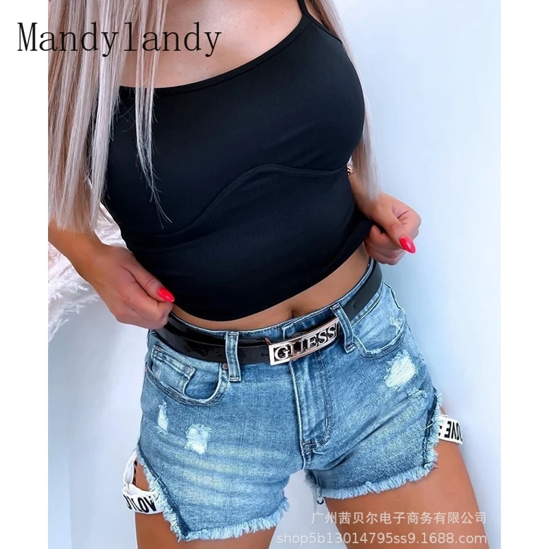 

Джинсовые шорты Mandylandy с завышенной талией, однотонные Прямые рваные джинсовые шорты с завязками и карманами, женские нестандартные шорты с ...