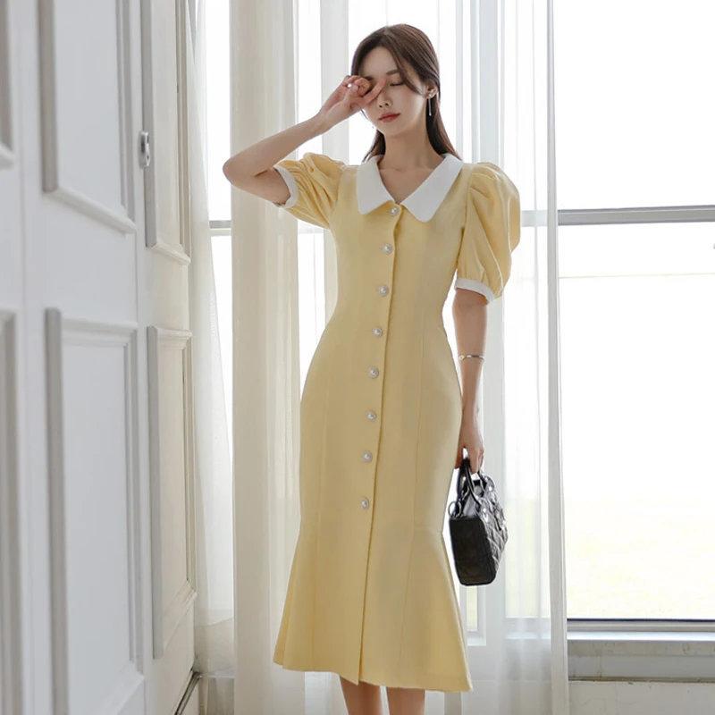 

Slim Waist Puff Short Sleeved Mermaid Korean Summer Simple Party Dress Lapel Single-breasted Women Office Work Dress