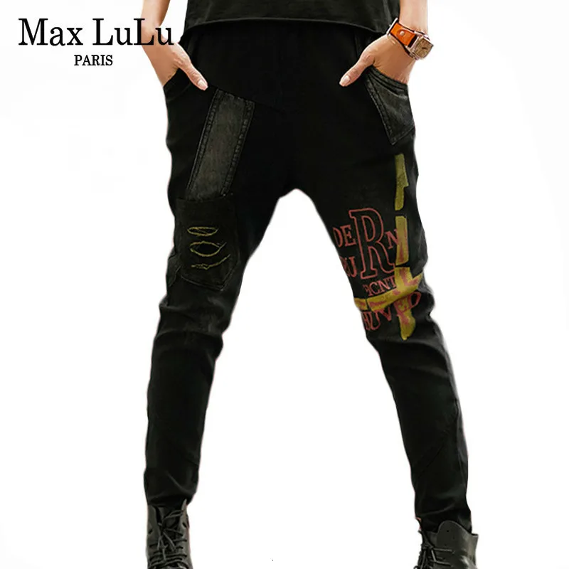 Max LuLu Роскошные брендовые эластичные женские рваные джинсы в стиле панк черные женские обтягивающие повседневные винтажные джинсовые шаровары размера плюс