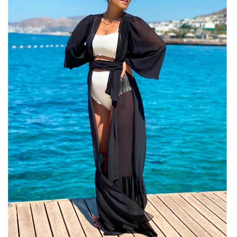 Женская сетчатая шифоновая Пляжная накидка однотонные черные купальники с