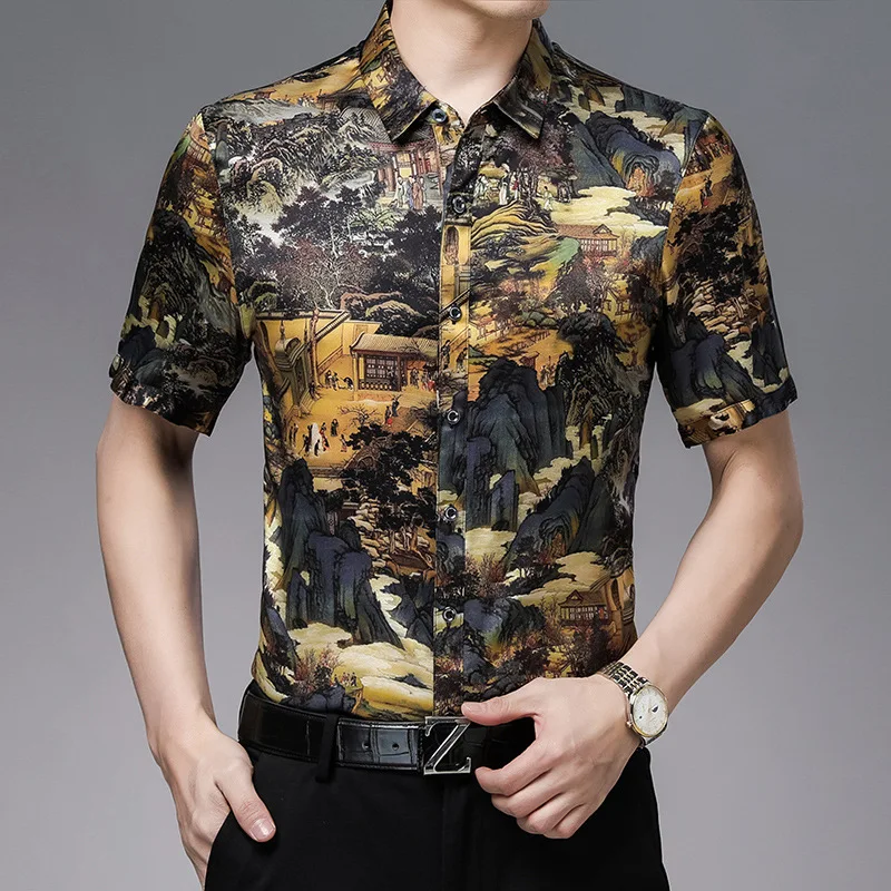 

Chinese style silk satin silk shirt 2021 summer new short sleeve men's silk men's wear