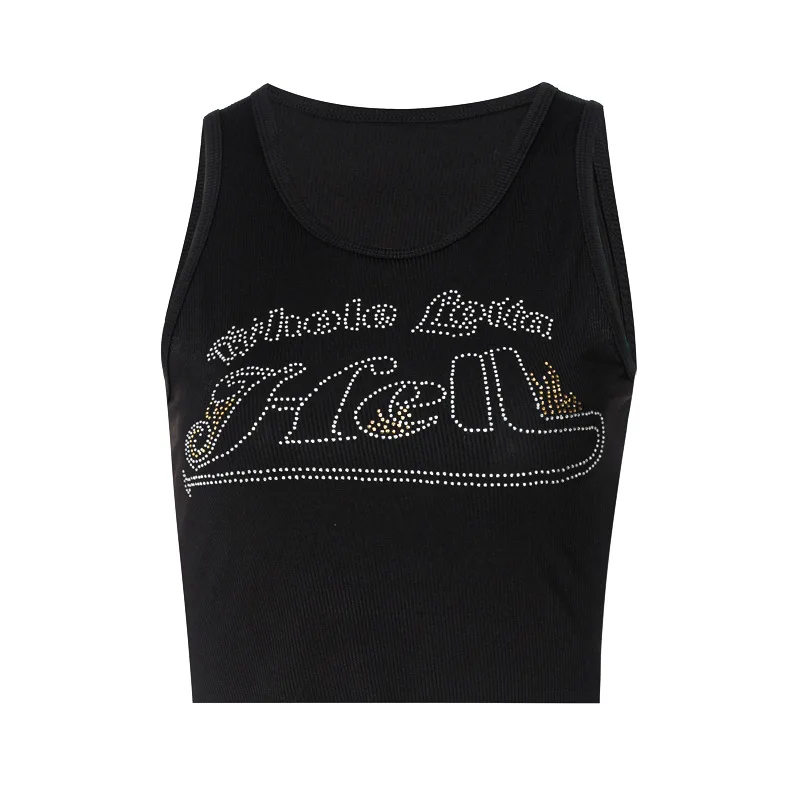 

Women Rhinestone Letter Sleeveless Tank Top Women Summer Off Shoulder Knit Motor Sporty Crop Top Black 2021 Streetwear Yuqung