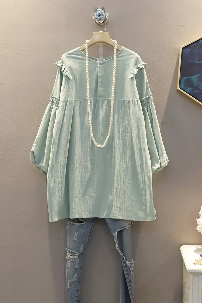 

IEQJ 2021 Spring Autumn New Pattern Round Collar Puff Sleeve Solid Patchwork Ruffles Pullovers Casual T-shirt Women 3AK11206