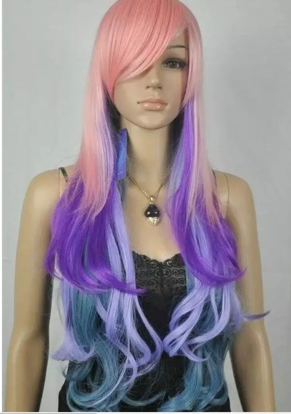 Shun Многоцветный смешанный цвет длинный волнистый косплей парик USPS быстрая