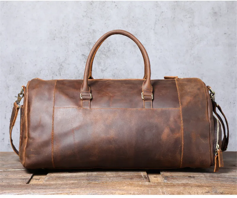 PNDME vintage large capacity genuine leather travel bag natural crazy horse cowhide handbag duffel bag real leather luggage bag