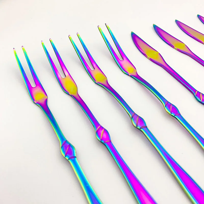Фруктовые вилки из нержавеющей стали набор разноцветных столовых приборов для