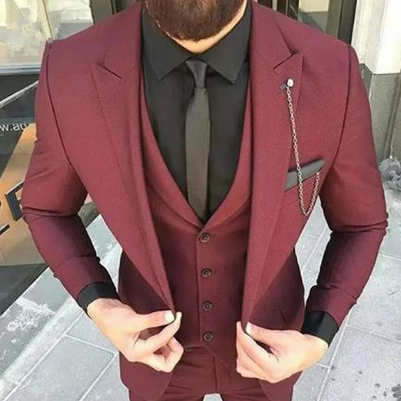 

Wine Red Slim Fit Wedding Mens Suit for Groom 3 Piece Jacket Wasitcoat with Pants Male Fashion Costume Latest Style 2021