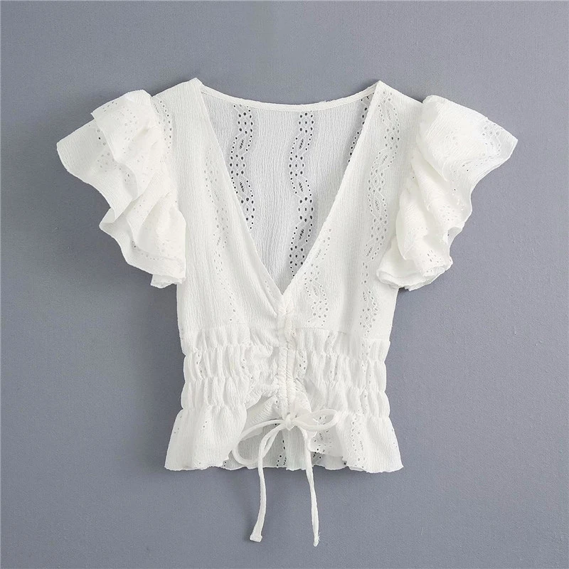 Женская кружевная блузка с оборками za белая Повседневная Блузка коротким