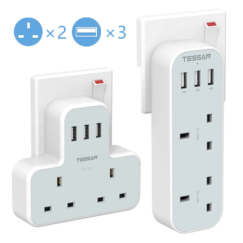 

TESSAN Multi Socket UK Wall Charger Power Strip With 3 USB Ports & 2 Way Outlets for Saudi Arabia United Arab Emirates Singapore