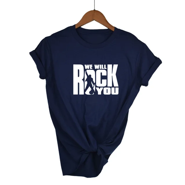 Navy Blue-W We Will Rock You Женская Футболка Летний стиль королева рок группа футболка короткий рукав хлопок рок-ролл женские топы - Цвет: Navy Blue-W