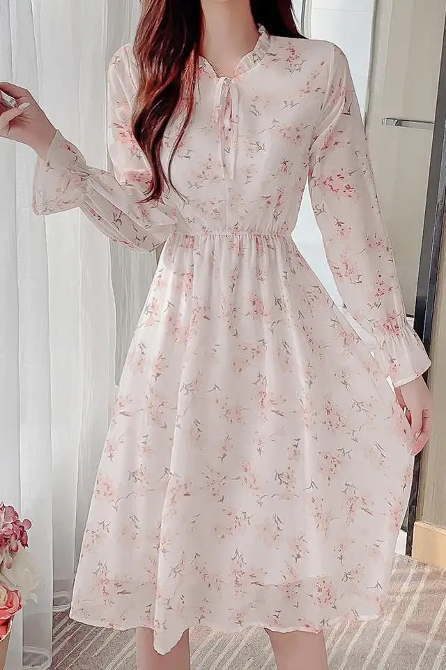 

COIGARSAM Full Sleeve Women dress New Spring Chiffon Floral Print Dresses 8007