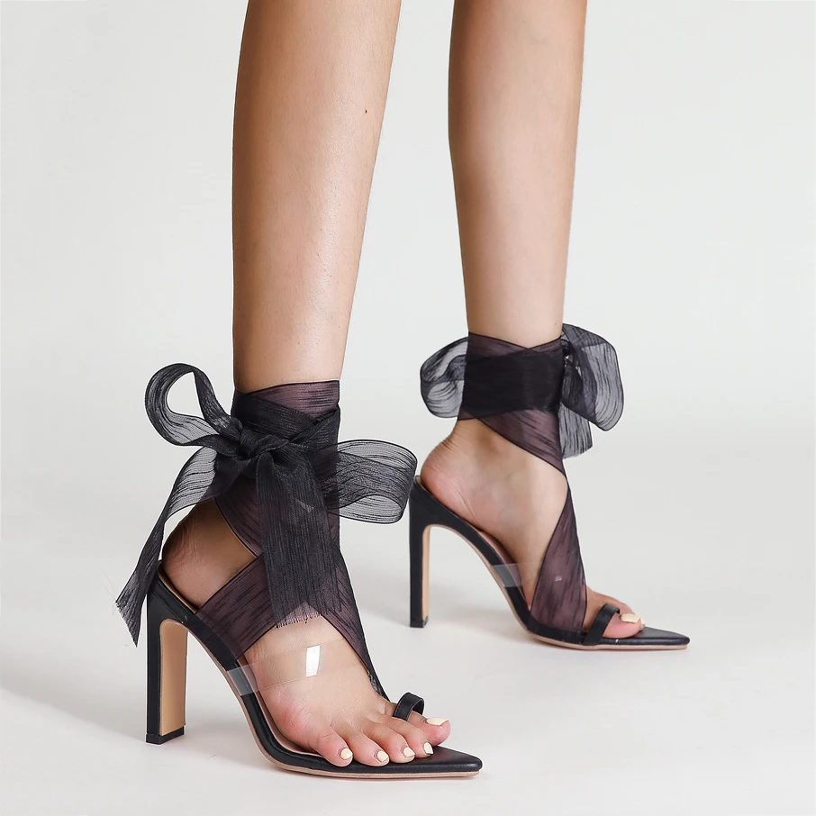 

LTARTA 2022 Summer Roman Sandals Fashion Ribbon Women's Shoes Open Toe Strap Pointed Toe Square High Heel Sandals ZL